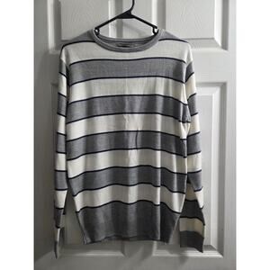 Cedar Wood State Mens Medium Grey Whit Navy Stripe Long Sleeve Striped Sweater